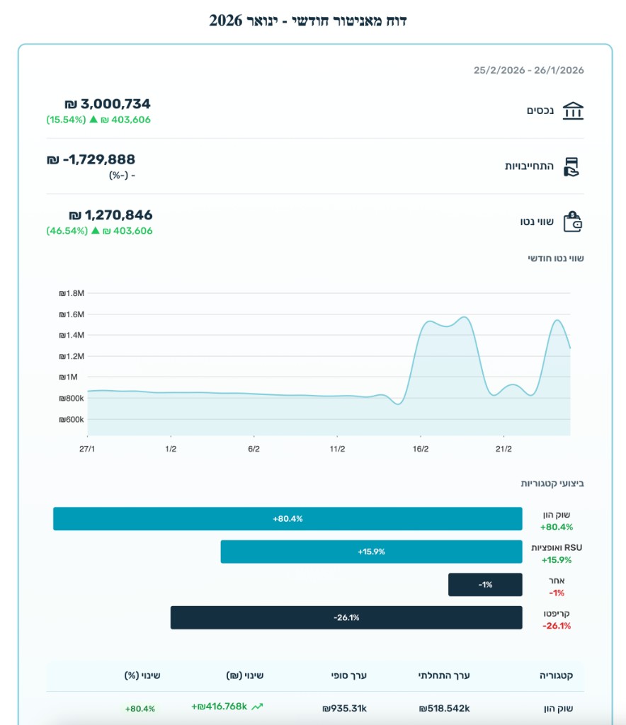דוח מאניטור חודשי – סיכום נכסים, התחייבויות וביצועי קטגוריות